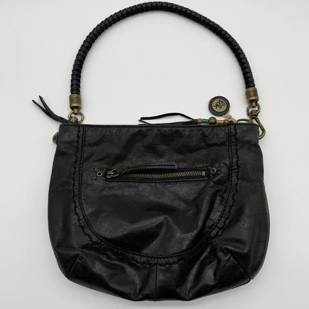 The Sak Indio Demi Leather Hobo Bag Braided Strap Whipstitch Charm Logo Black